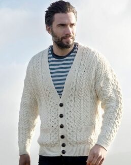 Carraig Donn 100% Merino Wool Mens' 6-Button Cardigan - Natural