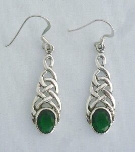 Sterling Silver Celtic Weave Earrings w/ Synthetic Emerald