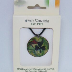 Irish Enamels: Black Shamrock Kissed by a Cardinal Necklace. An Angel is Nearby!