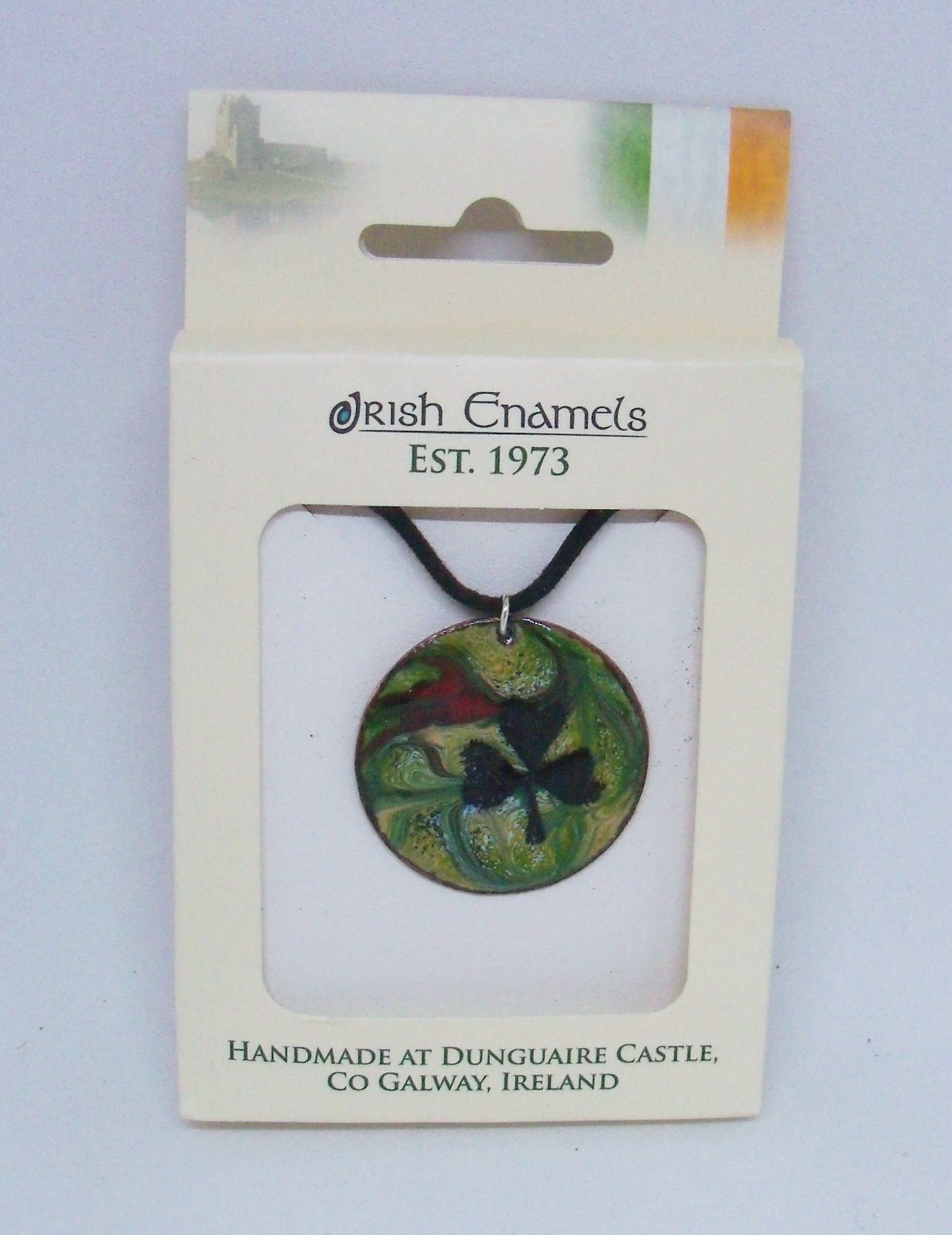 Irish Enamels: Black Shamrock Kissed by a Cardinal Necklace. An Angel is Nearby!