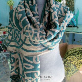 Celtic Designer Scarf/Shawl – Teal and Taupe – From the Book of Kells. Fabulous! Reversible!
