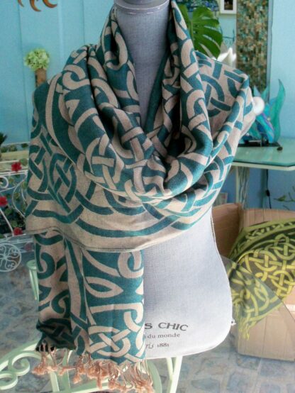 Celtic Designer Scarf/Shawl – Teal and Taupe – From the Book of Kells. Fabulous! Reversible!