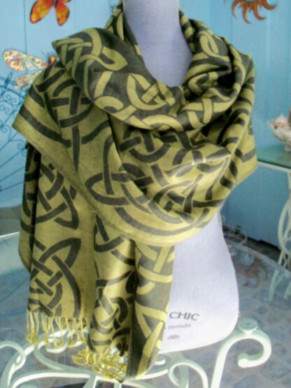 Celtic Designer Scarf/Shawl – Olive and Black – From the Book of Kells. Fabulous! Reversible!