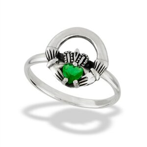 Sterling Silver Rounded Claddagh Ring With Synthetic Emerald