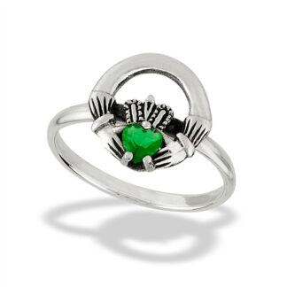 Sterling Silver Rounded Claddagh Ring With Synthetic Emerald