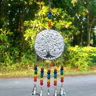 Polished Pewter and Glass Tree of Life Wind Chime
