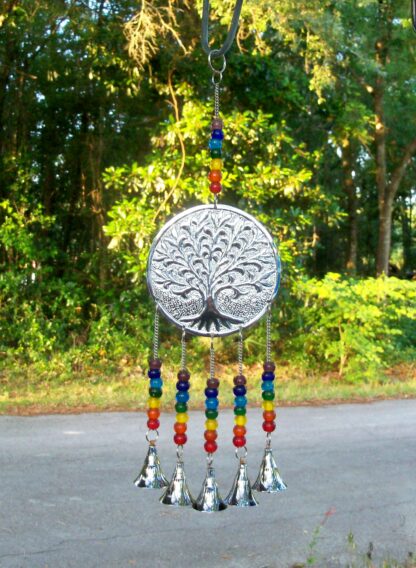 Polished Pewter and Glass Tree of Life Wind Chime