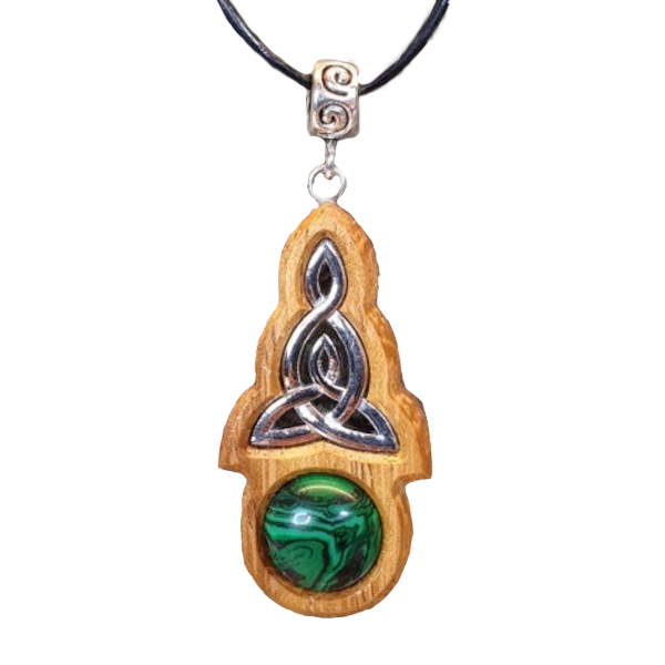 Sterling Silver Trinity Knot Mounted in Iroko Hardwood Malachite Stone – Go For It! $44.00